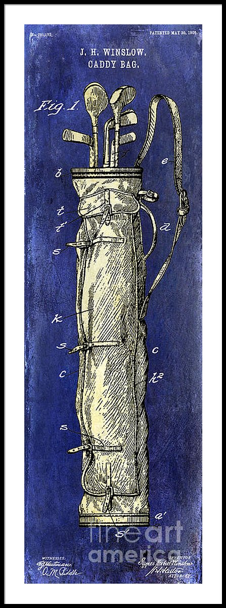 447x1200 Golf Bag Patent Drawing Tone Blue Framed Print - Golf Bag Drawing