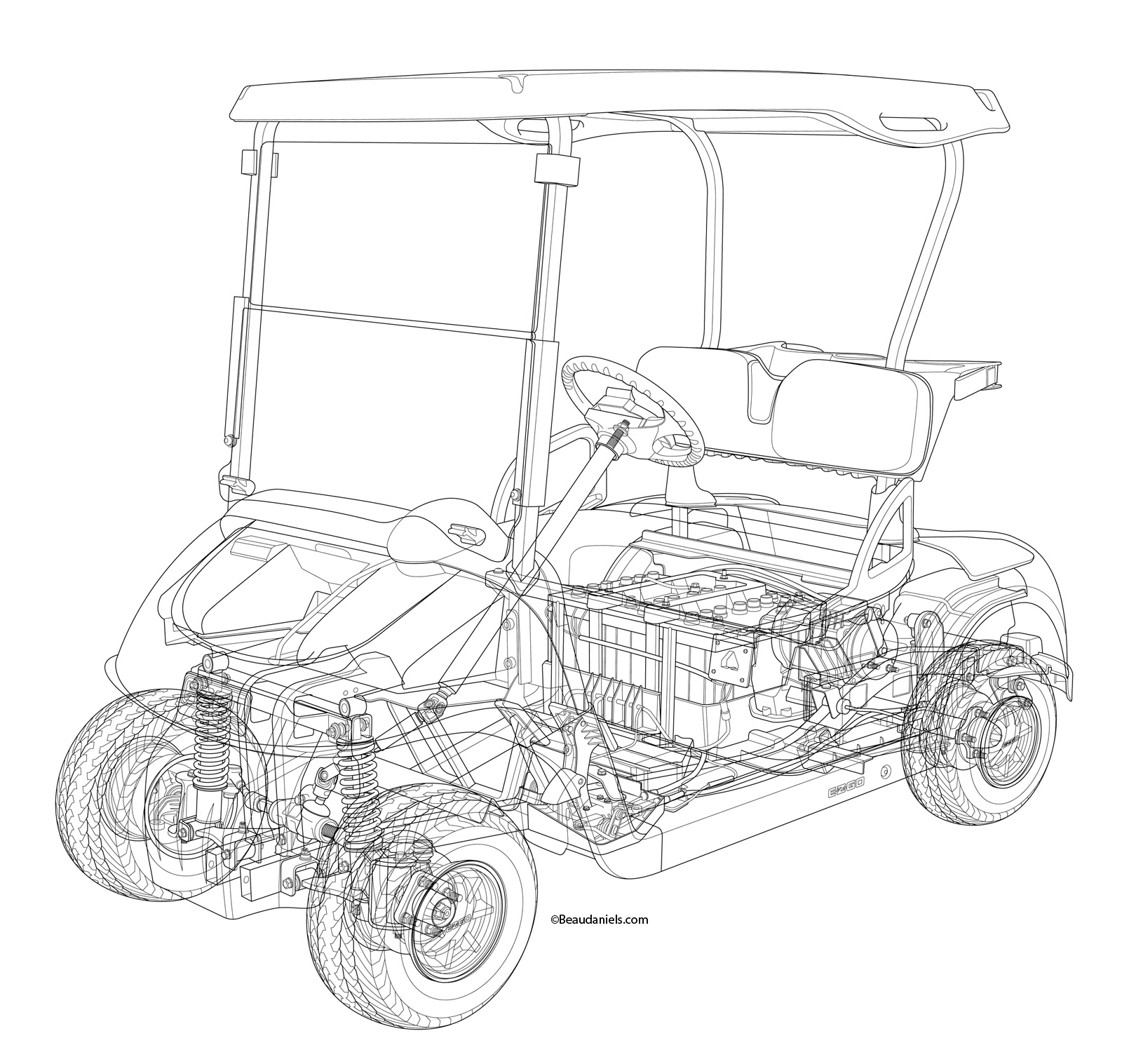 1600x1517 technical illustration, beau and alan daniels - Golf Cart Drawing