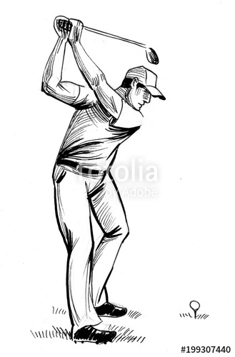 329x500 Man Playing Golf Ink Black And White Drawing Stock Photo - Golf Player Drawing