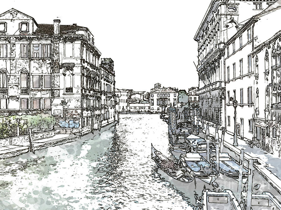 900x675 pen sketching the city view of canal and gondola in venice, ita - Gondola Drawing