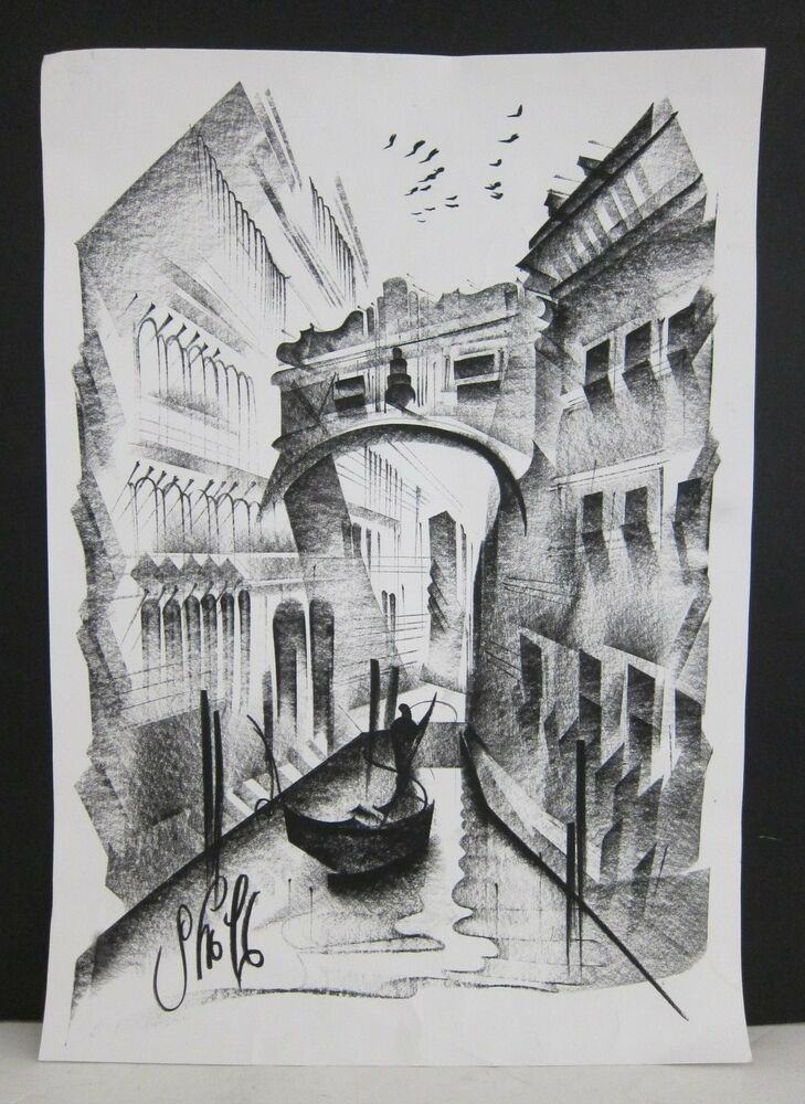 729x1000 abstract modern venice canal gondola scene signed original - Gondola Drawing