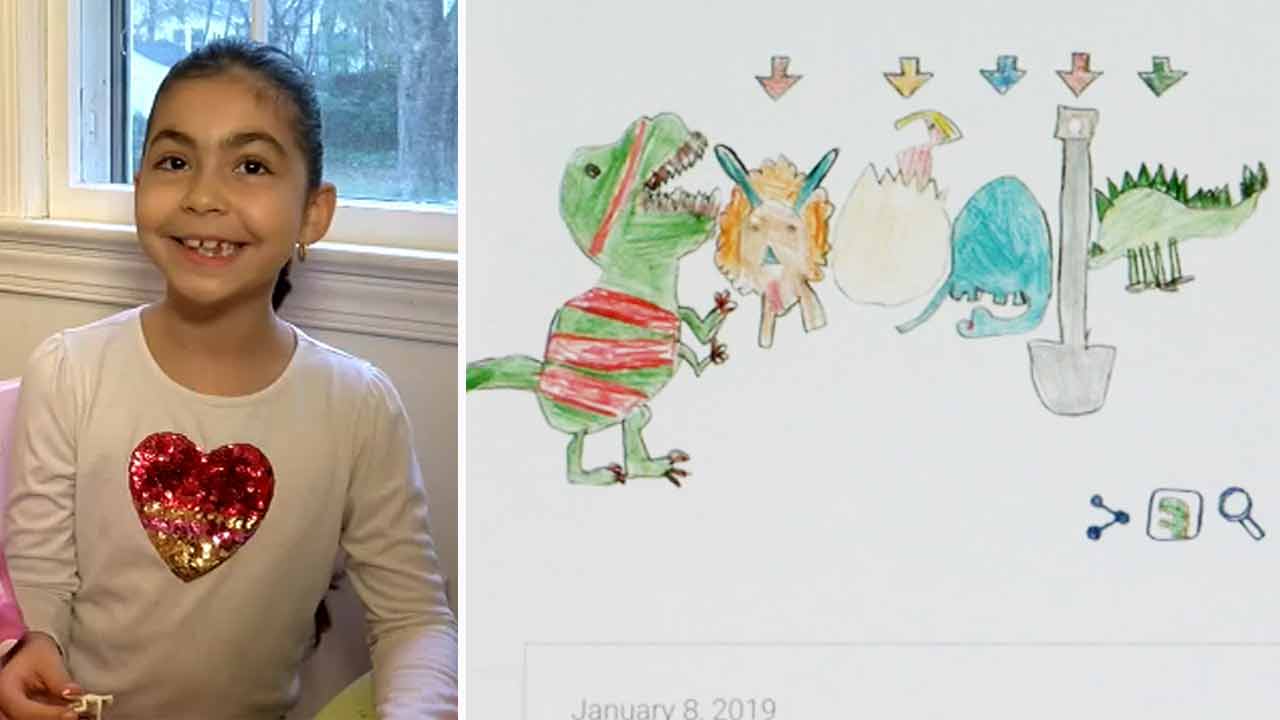 1280x720 girl, wins doodle for google contest with adorable dinosaur - Google Drawing Art