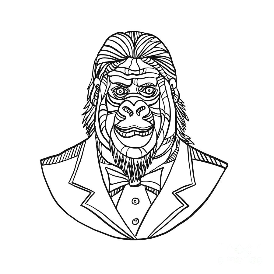 900x900 Gorilla Wearing Tuxedo Bust Monoline Digital Art - Gorilla Line Drawing