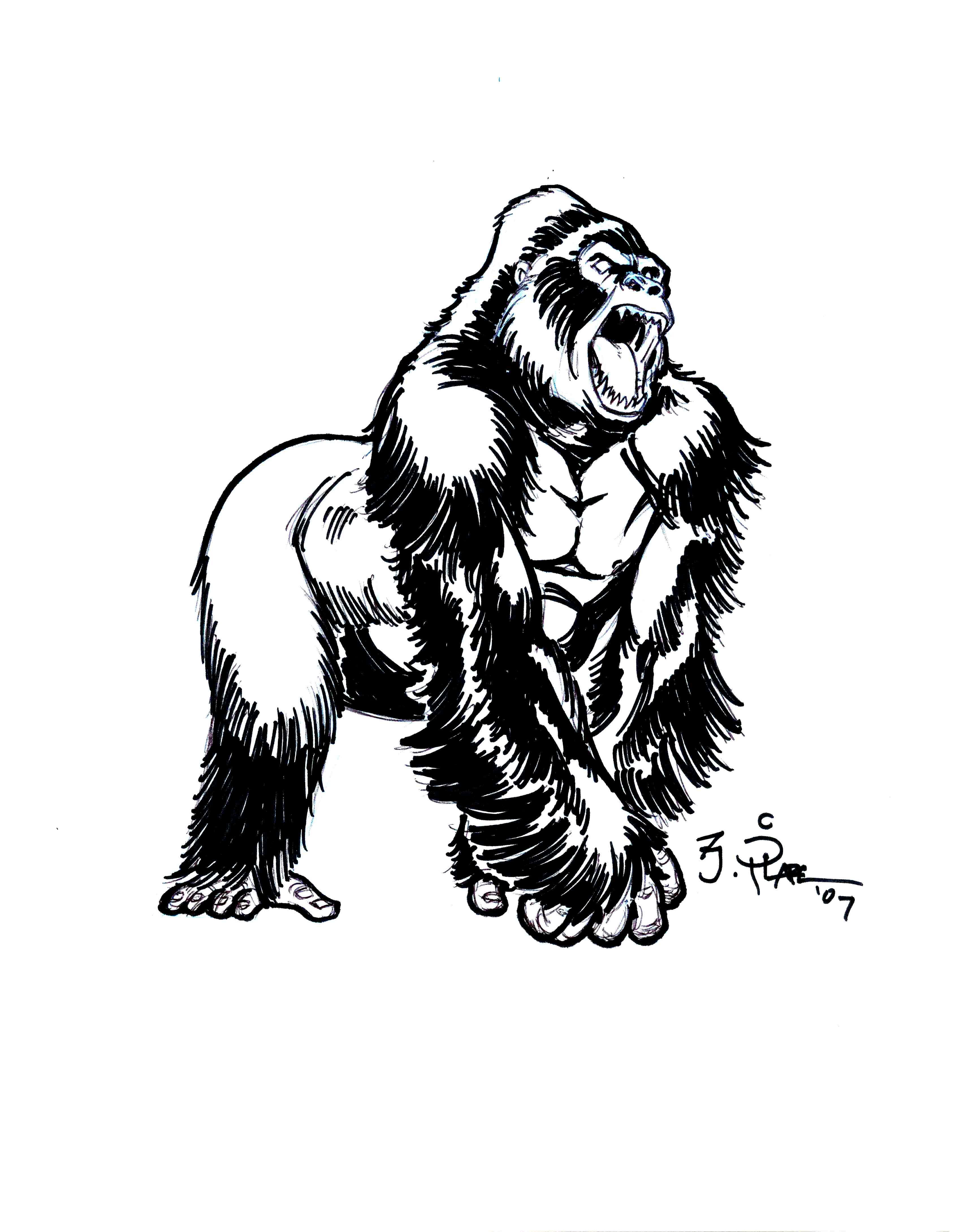 3396x4359 Clip Art Of Gorilla - Gorilla Line Drawing