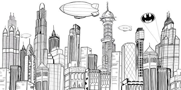 600x300 Gotham Skyline Gotham City Skyline Art Print Comic Book - Gotham City Drawing Easy