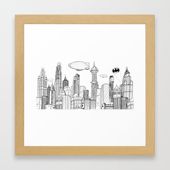 700x700 Gotham City Skyline Framed Art Print - Gotham City Skyline Drawing