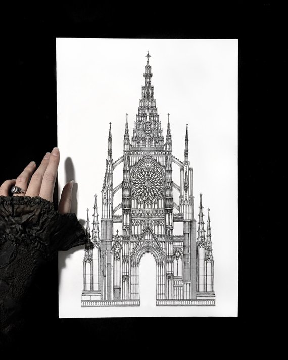 570x713 Gothic Cathedral Architecture Drawing Ex Cathedra Fine Etsy - Gothic Architecture Drawing