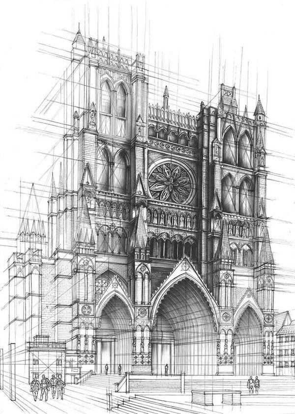 600x843 Detailed Perspective Of Cathedral With People To Display Size - Gothic Architecture Drawing