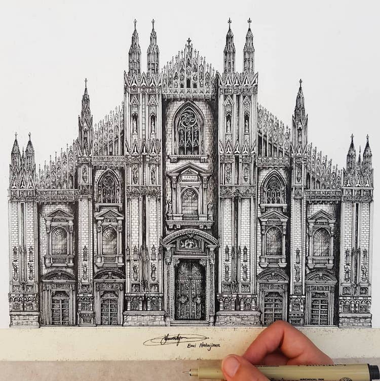 750x751 Artist Creates Intricate Ink Drawings Of Architecture Around - Gothic Art Drawings