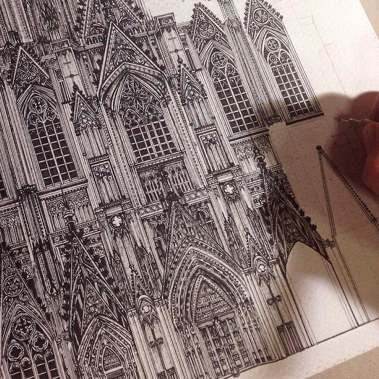 750x750 Emi Nakajima Creates Intricately Detailed Architectural Drawings - Gothic Cathedral Drawing