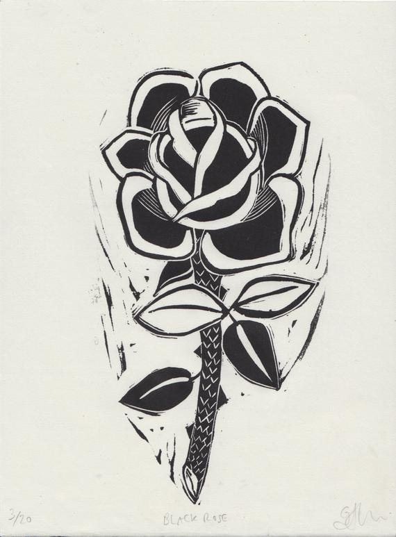 570x773 Black Rose Linocut Limited Edition Handmade Linoprint Drawing Etsy - Gothic Rose Drawing