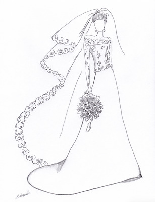307x400 Artist Original Fashion Sketch Illustration Pencil Drawing Wedding - Gown Drawing