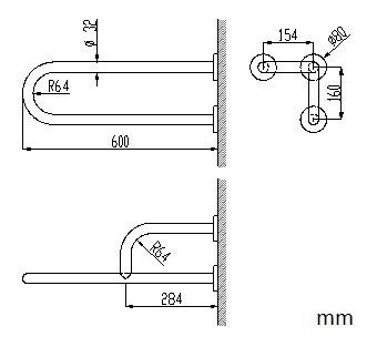 340x313 prestige stainless steel u shaped grab rail with three - Grab Drawing