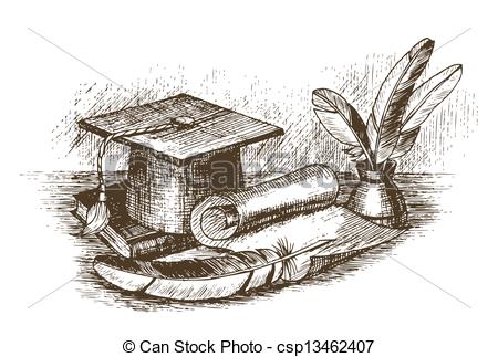 450x323 graduation cap, inkstand with feathers and scroll draw - Graduation Drawing