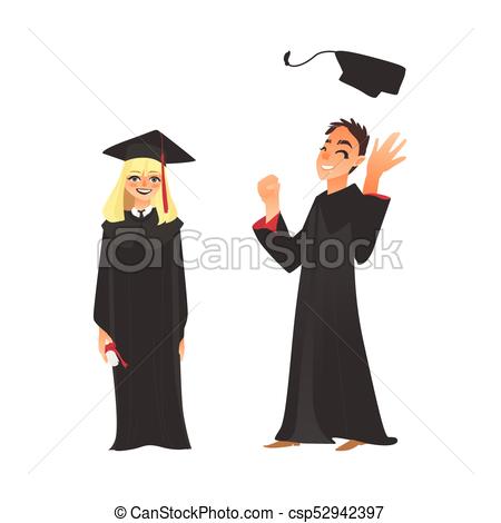 450x470 vector flat girl, boy graduate in gown, cap vector flat cartoon - Graduation Gown Drawing