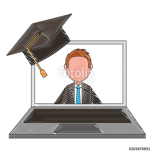 500x500 laptop man teacher on screen graduation hat vector illustration - Graduation Hat Drawing