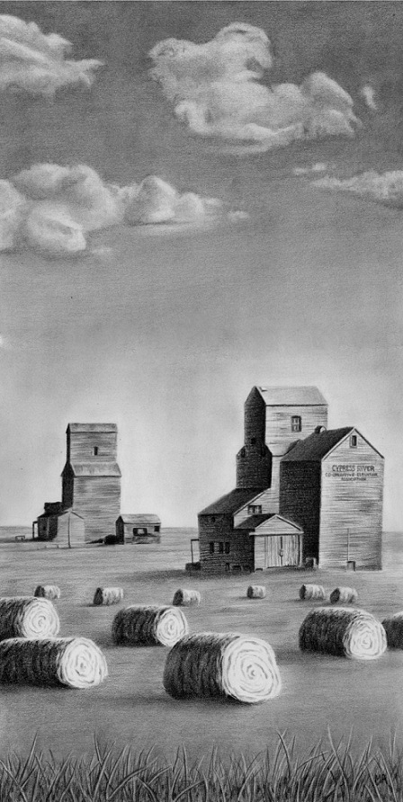 448x892 Pencil Drawing Of Prairie Scene With Grain Elevator Portraits - Grain Elevator Drawing
