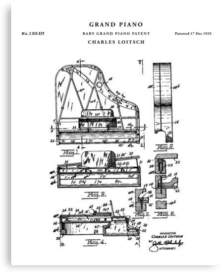448x550 Piano Patent Drawing Blueprint Canvas Print - Grand Piano Drawing Top View