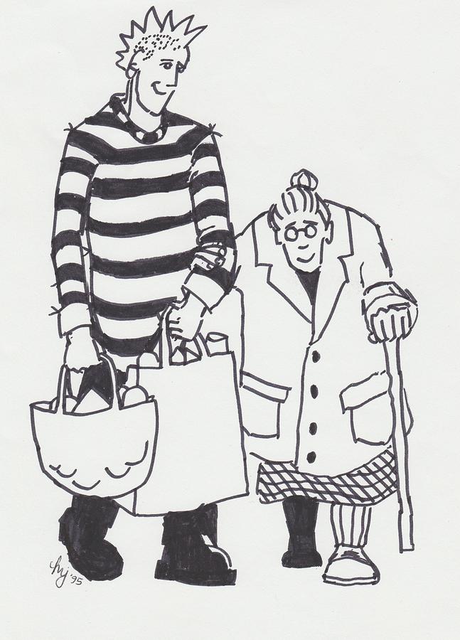 647x900 punk rocker with grandmother cartoon drawing - Grandmother Drawing