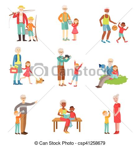 450x470 Grandparents And Kids Spending Time Together Set Of Illustrations - Grandparents Drawing