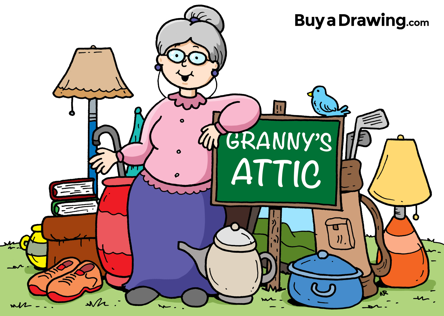 1500x1068 cartoon granny attic and yard sale drawing for church flyer - Granny Drawing