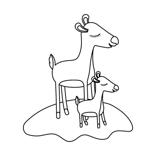 600x600 Cartoon Deer Mom And Calf Over Grass In Monochrome Silhouette Art - Grass Line Drawing