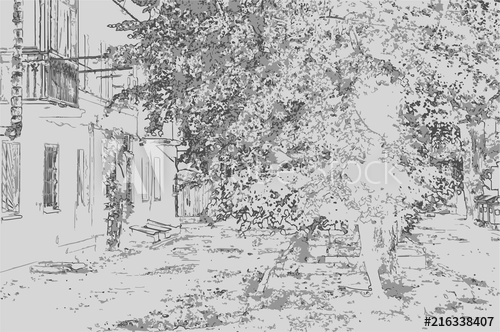 500x332 City Landscape Of Small Town With Houses, Trees And Grass - Grass Pencil Drawing