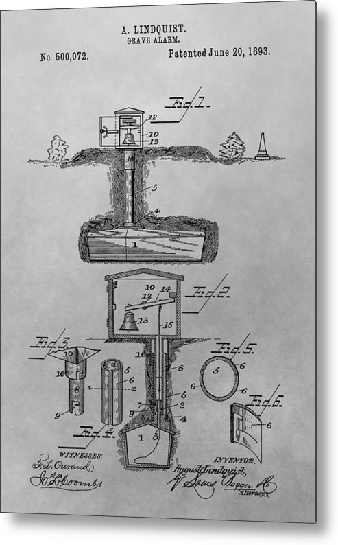 493x794 Grave Alarm Patent Drawing Metal Print - Grave Drawing