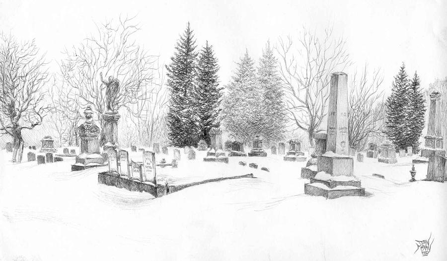 900x525 Graveyard In The Snow Drawing - Graveyard Drawing