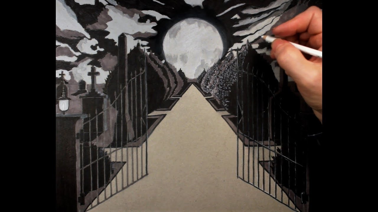 1280x720 How To Draw A Graveyard In One Point Perspective - Graveyard Drawing