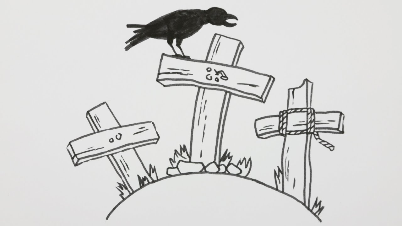 1280x720 How To Draw A Halloween Graveyard With Crow - Graveyard Drawing