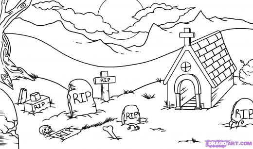 520x307 Learn How To Draw A Graveyard, Halloween, Seasonal, Free Step - Graveyard Drawing