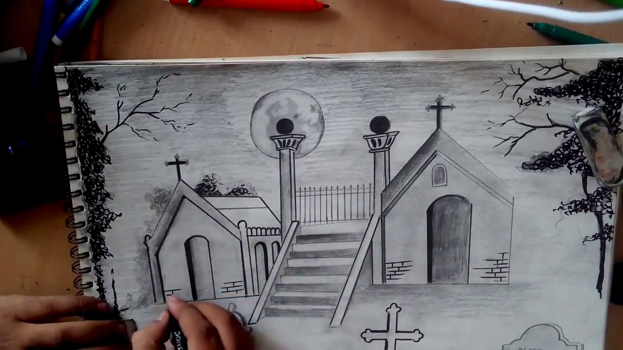 1280x720 How To Draw Graveyard Scene - Graveyard Drawing
