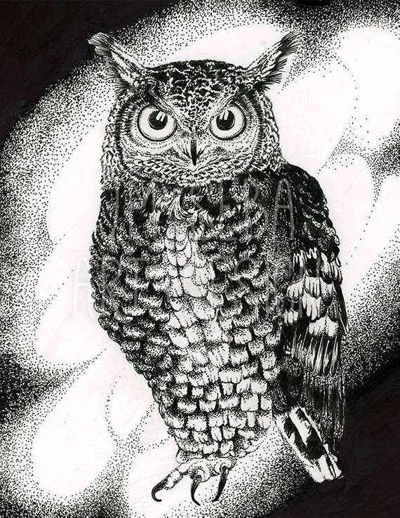 570x738 Great Horned Owl Drawing Original Art Etsy - Great Horned Owl Drawing