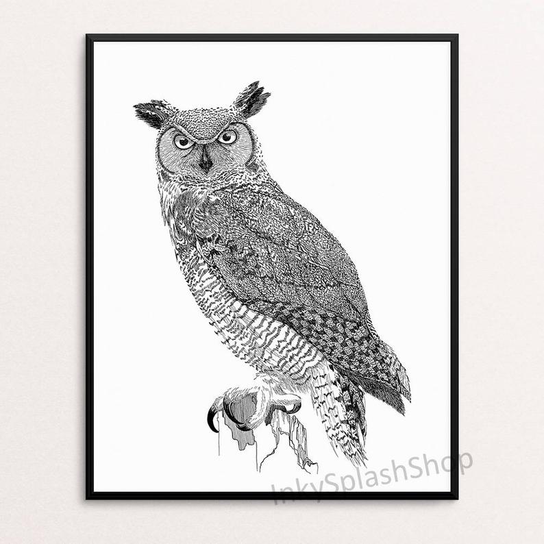 794x794 Owl Drawing Print Rustic Home Wall Decor Great Horned Owl Ink Etsy - Great Horned Owl Drawing