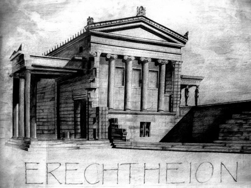 825x619 Pencil Drawing, Erechtheion An Ancient Greek Temple Arch - Greek Architecture Drawing
