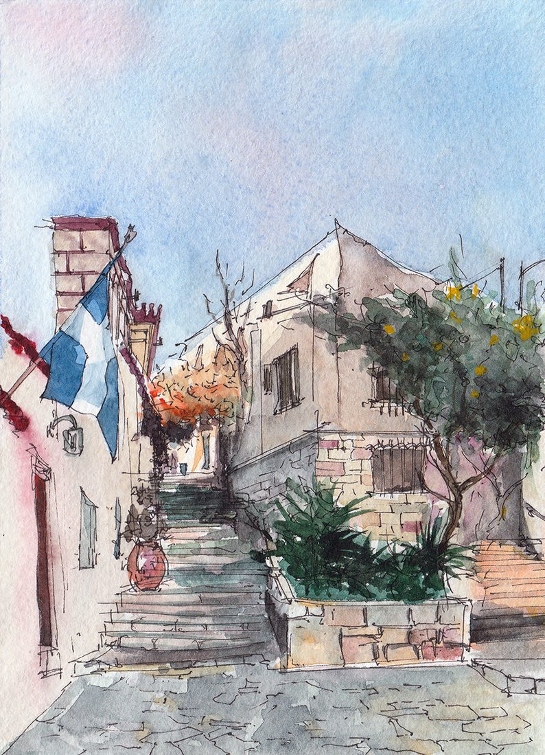 794x1099 Watercolor Athens Greece Architectural Sketch Greek Etsy - Greek Architecture Drawing