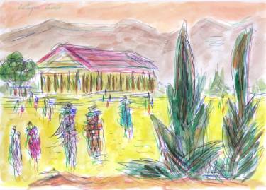 375x269 shrubs, people, greek temple and mountains drawing - Greek Temple Drawing