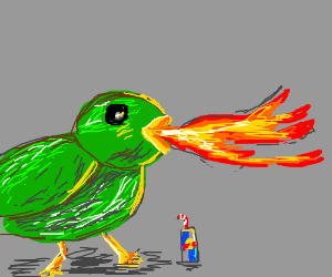 300x250 Fire Breathing Green Bird Drinking Red Bull Drawing - Green Bird Drawing