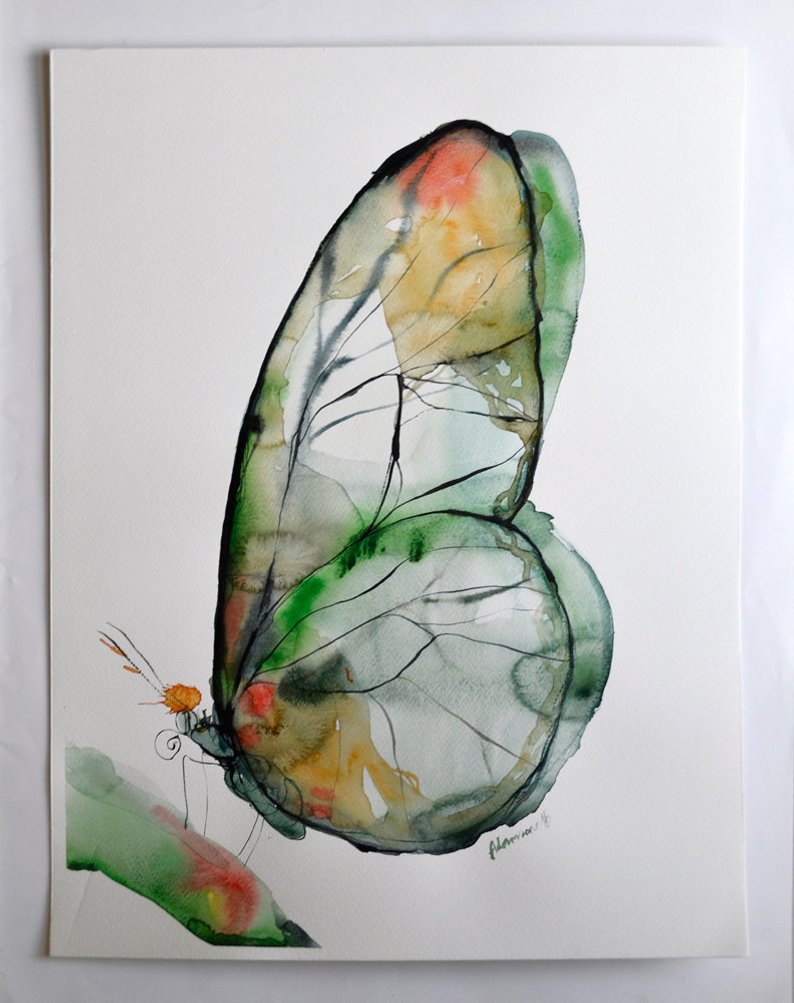 794x1003 Green Butterfly Watercolor Art Original Artwork Nature Wall Etsy - Green Butterfly Drawing