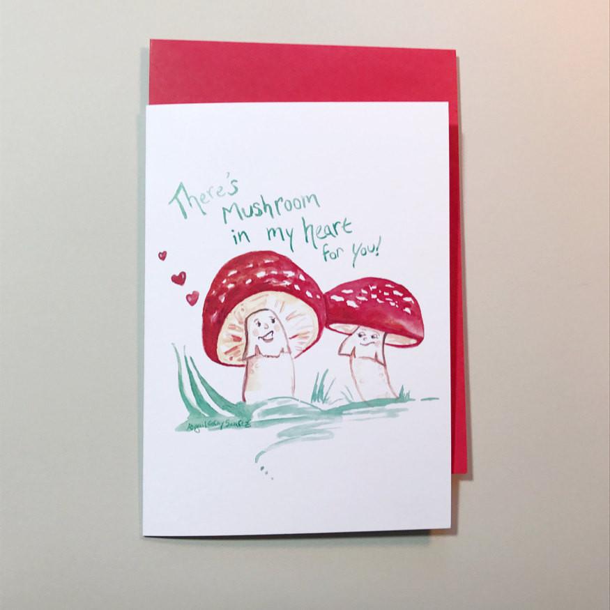 875x875 There's Mushroom In My Heart For You, Pun Valentine, Nature Themed - Greeting Card Drawing