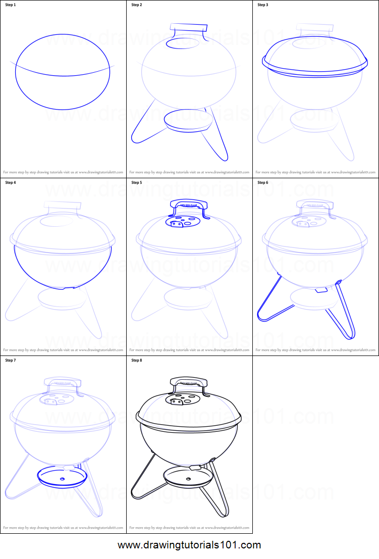 751x1107 How To Draw Portable Charcoal Grill Bbq Printable Step - Grill Drawing
