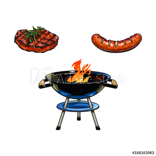 500x500 round charcoal grill, beef steak and sausage, barbecue, bbq - Grill Drawing