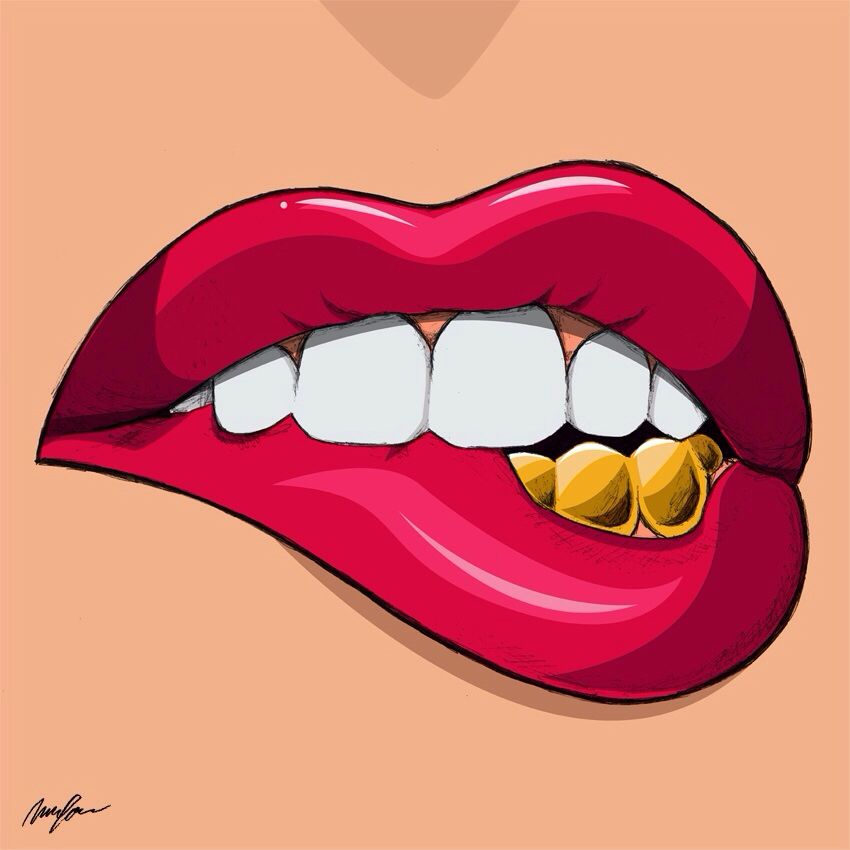 850x850 Gold Teeth Lip Bite Halloween Teeth Grillz Art, Pop Art, Dope Art - Grillz Drawing