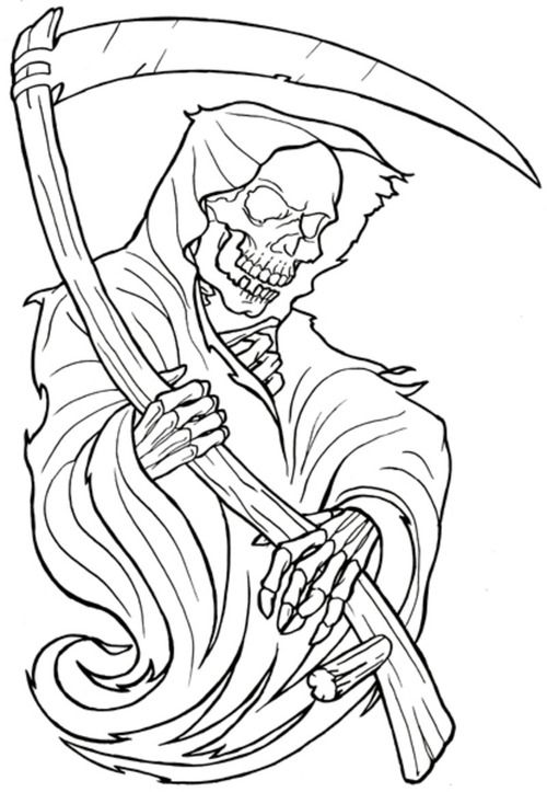 500x723 Awesome Skull Coloring Pages For Adults Skull Tattoo Coloring - Grim Reaper Line Drawing