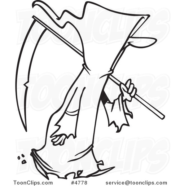 581x600 Cartoon Black And White Line Drawing Of A Walking Grim Reaper - Grim Reaper Line Drawing