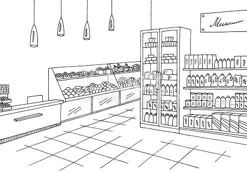 496x347 grocery store shop interior black white graphic sketch - Grocery Store Drawing