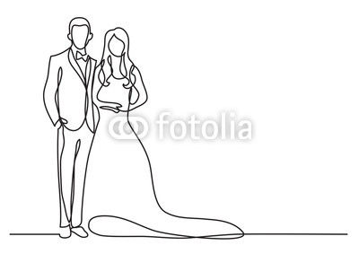 400x283 continuous line drawing of happy groom bride standing - Groom And Bride Drawing