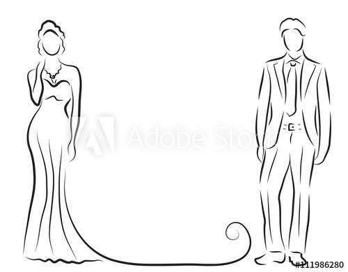 500x391 silhouette of bride and groom, newlyweds sketch, hand drawing - Groom Drawing