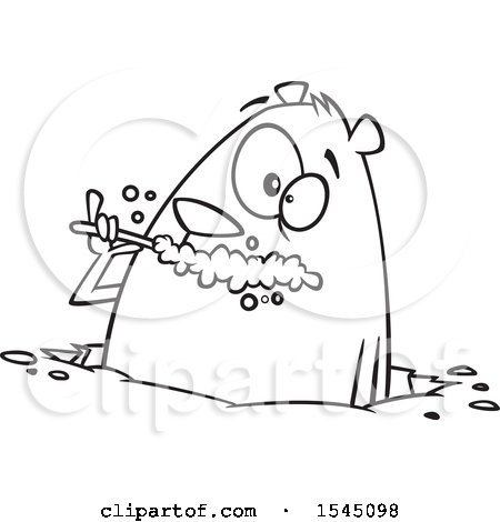 450x470 Clipart Of A Lineart Groundhog Brushing His Teeth - Groundhog Line Drawing